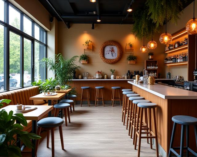 The interior of a warm and inviting boutique cafe.