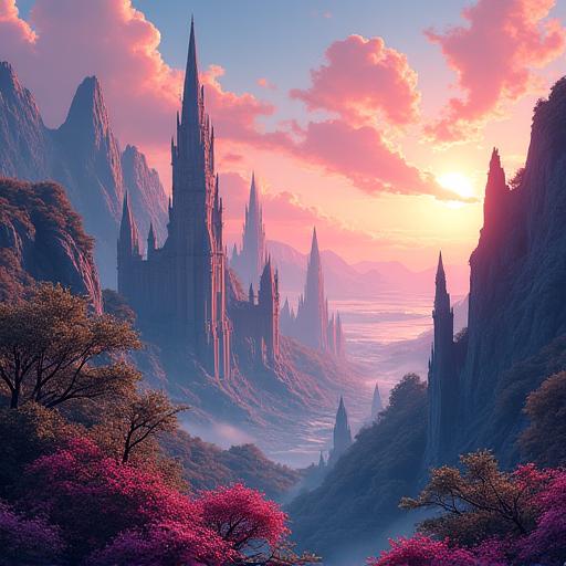 A vibrant digital illustration of a fantasy landscape.